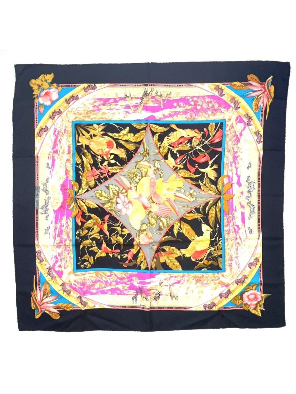 Hermes Tropicana Carre 90 Silk Black Multicolor Scarf